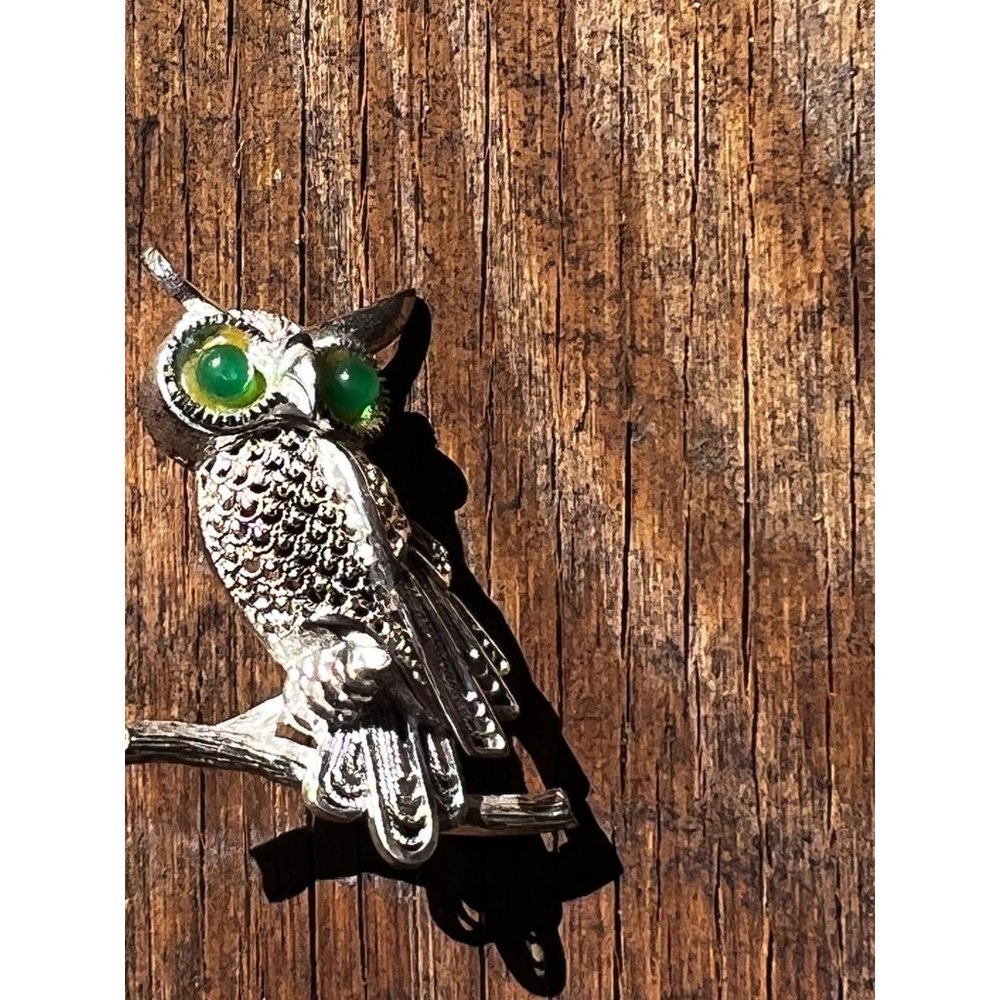 Vintage ALICE CAVINESS Germany Sterling Silver Jade Owl Pin Brooch